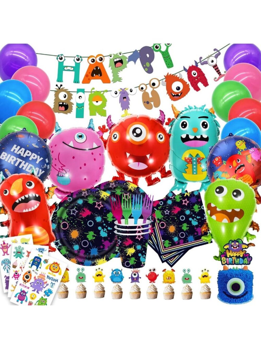 Monster Birthday Party Supplies - Balloons, Plates, Napkins, Cups & Decorations